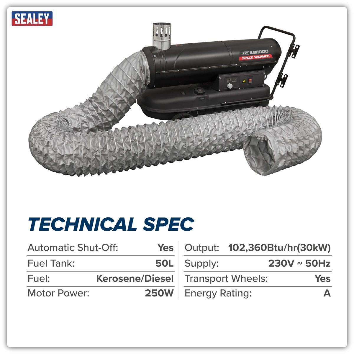 Sealey ABI1000COMBO Kerosene/Diesel Heater with 5M Ducting 230V/250W