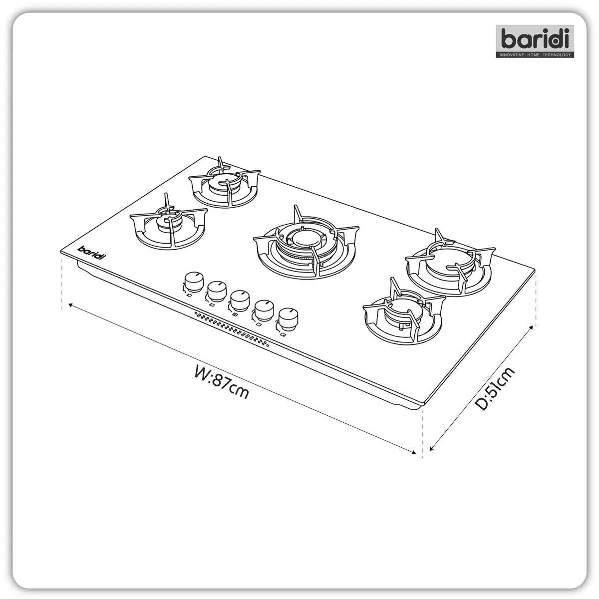 Sealey DH385 Baridi 90cm Gas Hob Matt Black 5 Burners Cast Iron Supports & Auto Ignition 10.4kW/230V