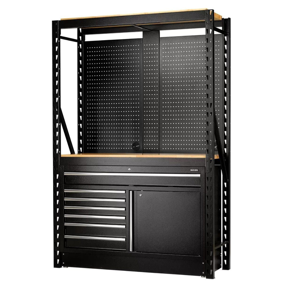 Draper MS400-C2 14PC W Bunker Modular Storage Combo 2 Tier Racking with Hardwood Shelving, Pegboards & Floor Cabinet 1500mm 28005