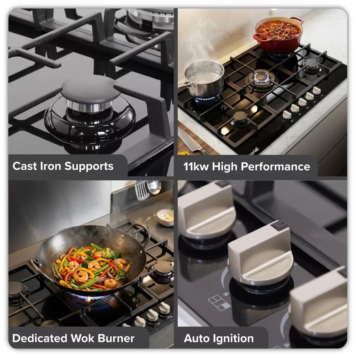 Sealey DH383 Baridi 90cm Gas Hob Black Glass with 5 Burners, Cast Iron Supports & Auto Ignition 11kW/230V