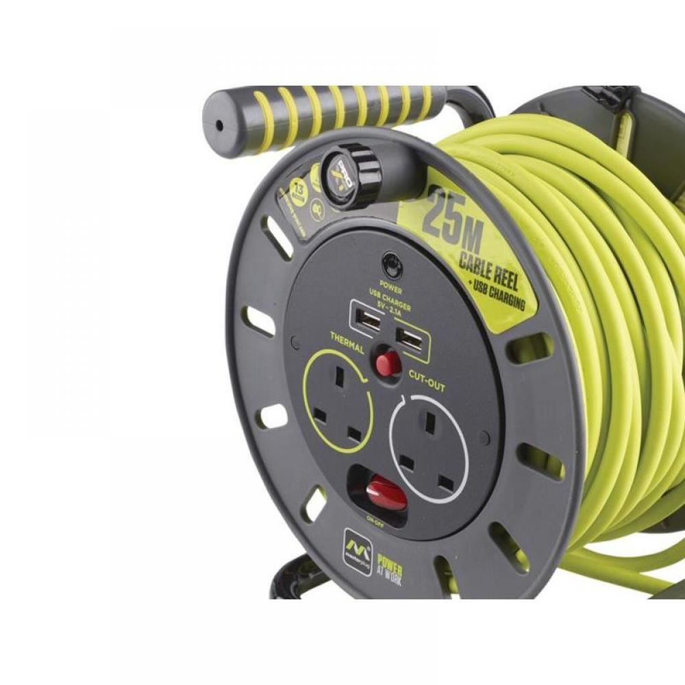 Masterplug Open Cable Reel 13A & 2 USB 2-Socket 25M 240V OMU25132USL-PX