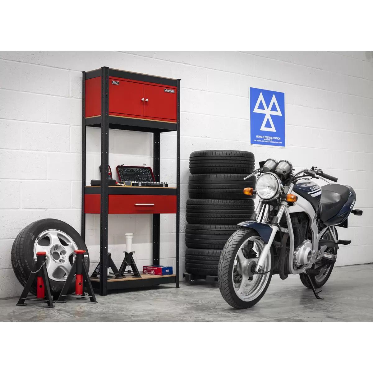 Sealey AP830R Shelving Unit 4-Tier with Cupboard & Drawer 150kg Capacity Per Level