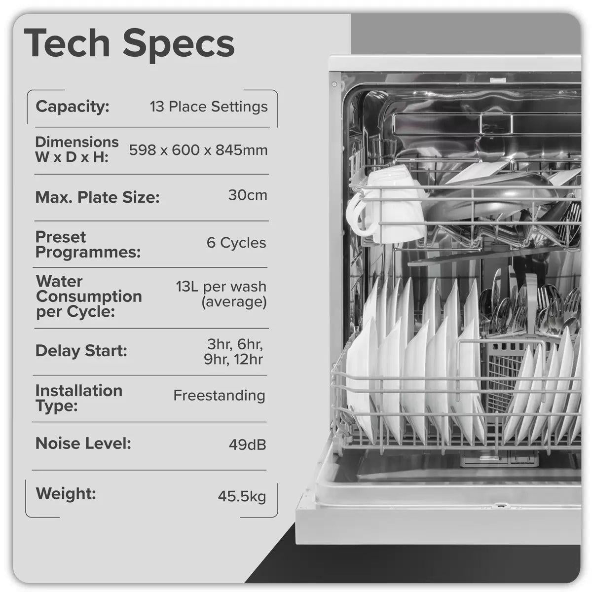 Sealey DH280 Baridi Regular Sized Freestanding Dishwasher 60cm Wide 13 Place Settings Silver 230V