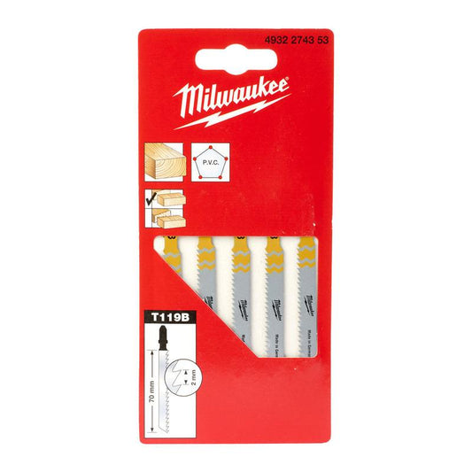 Milwaukee T119B 50 x 2mm Wood & Plastic Jigsaw Blades Pack of 5 4932274353