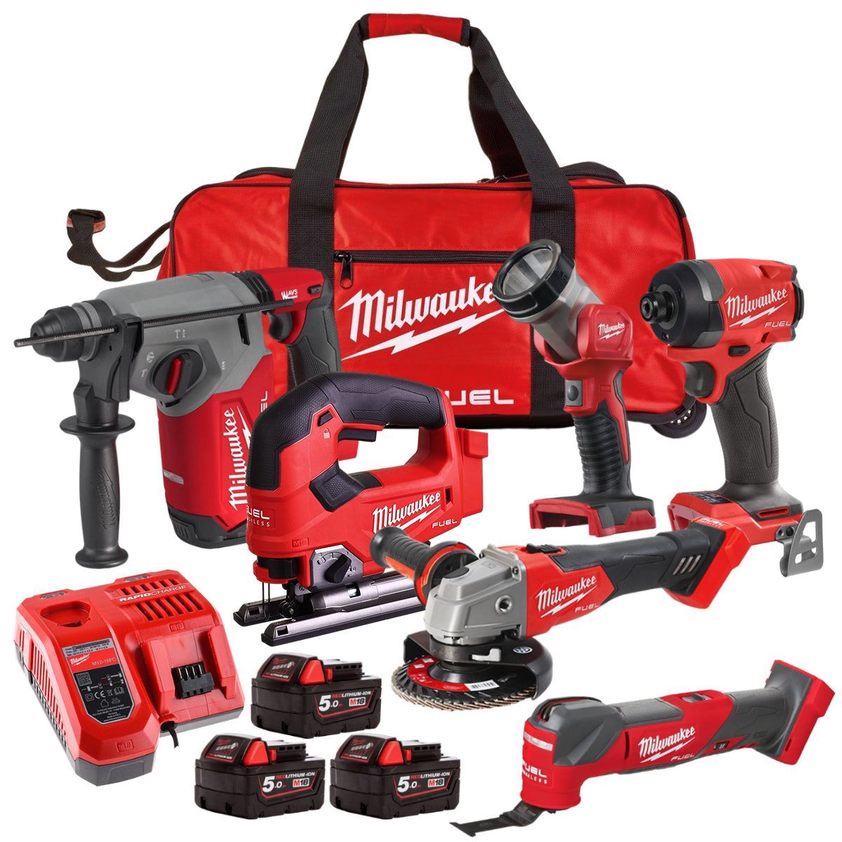 Milwaukee M18FPP6L3-503B 18V Brushless 6 Piece Tool Kit with 3 x 5.0Ah Batteries Charger & Wheeled Bag 4933498916