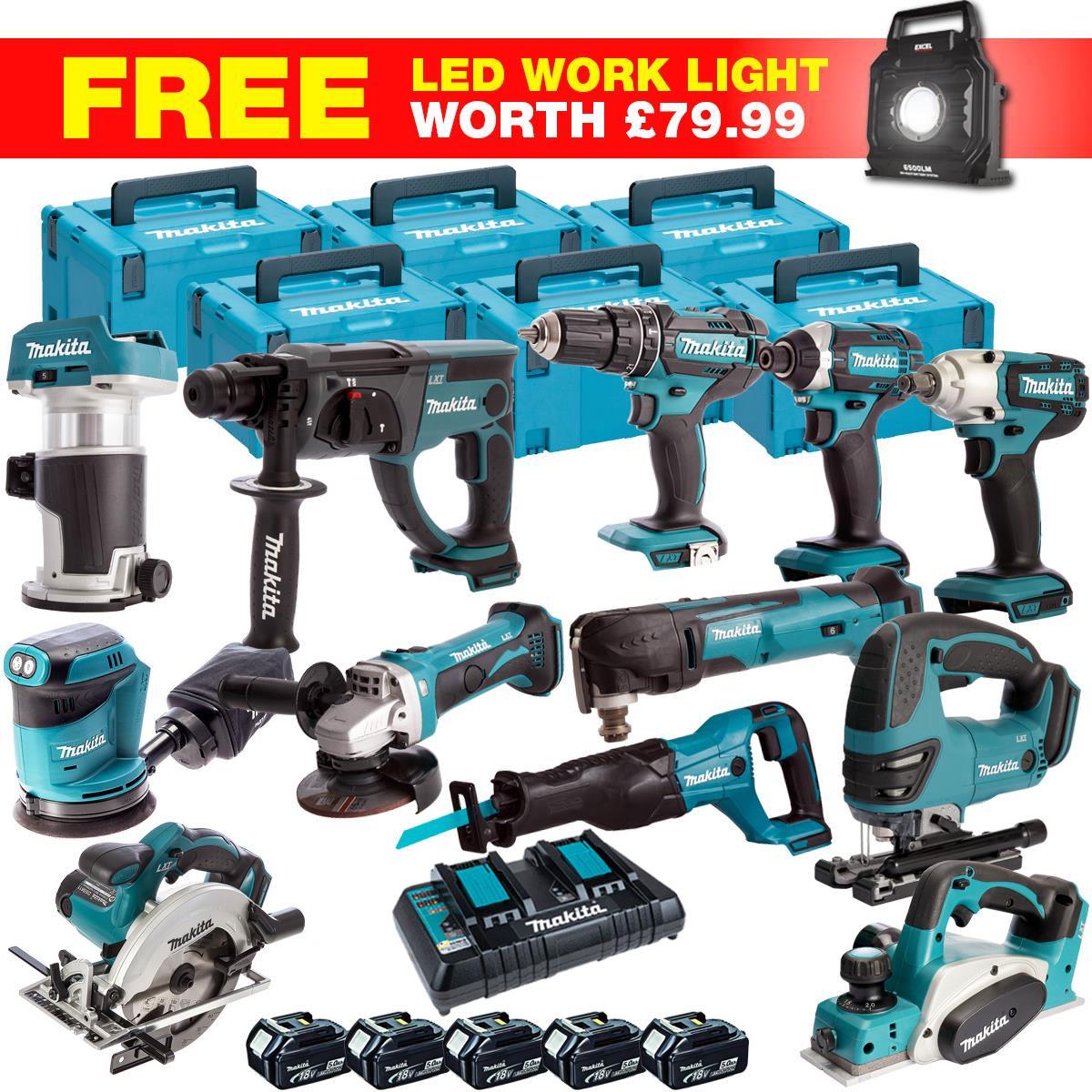 Makita 18V 13 Piece Combo Kit with 5 x 5.0Ah Batteries & Charger T4TKIT-27799