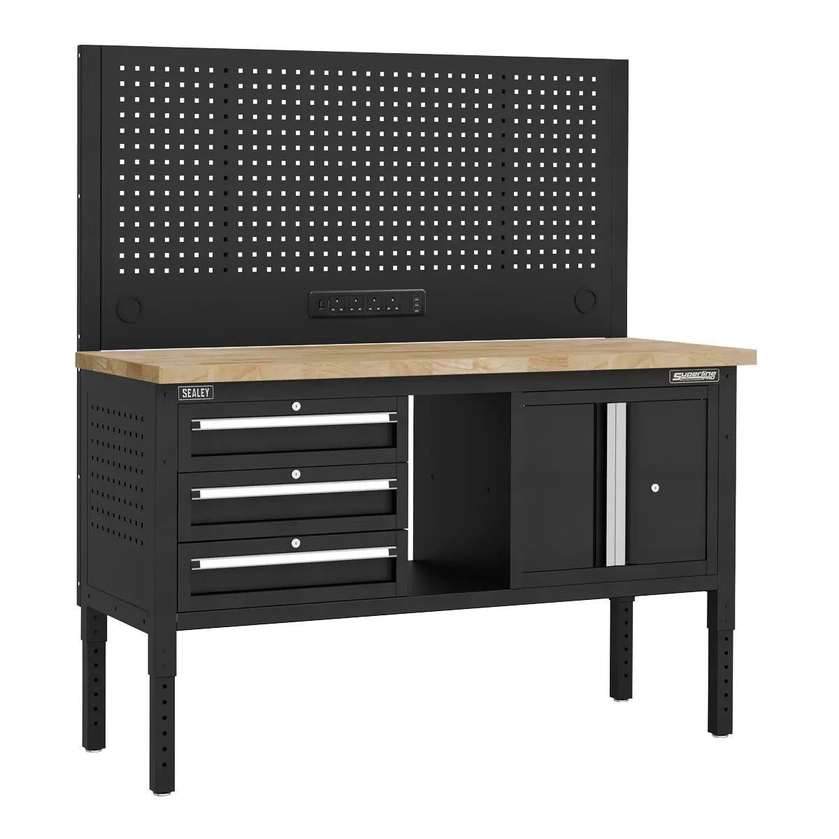 Sealey APMWB60COMBO2W Superline PRO Modular Workbench with 3 Drawers & Cupboard Wooden Worktop 1525mm