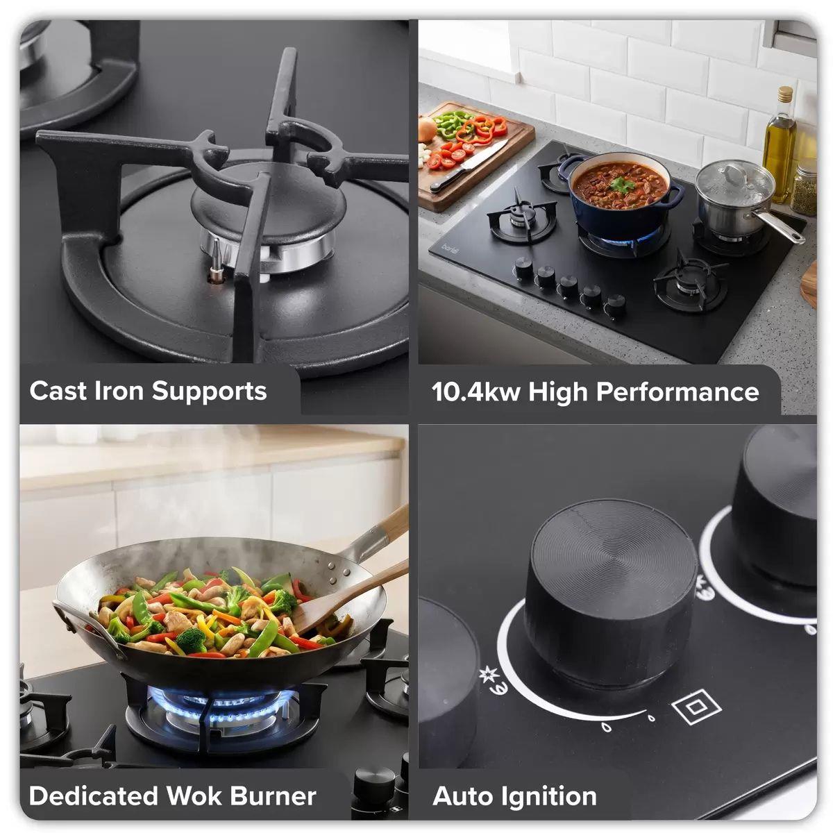 Sealey DH384 Baridi 70cm Gas Hob Matt Black with 5 Burners, Cast Iron Supports & Auto Ignition 10.4kW/230V