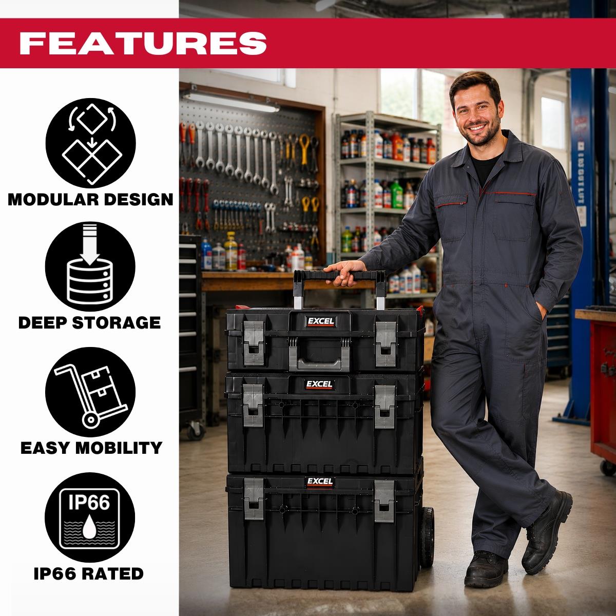 Excel Modular Stackable Tool Box Heavy Duty Mobile Storage 3 Piece Set with Wheels