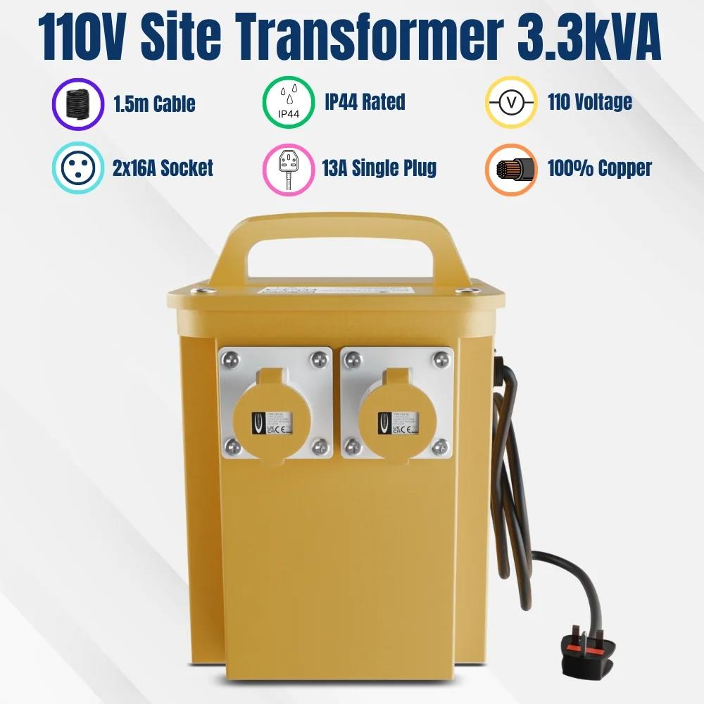 Connexion 3.3kVA 110V Site Transformer with Dual 16A Sockets, 13A Plug & 1.5m Cable - 10961