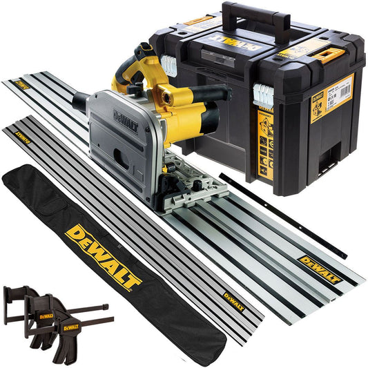 Dewalt DWS520KT 240V Plunge Saw with 2 x 1.5m Guide Rails Connector Clamps & Bag