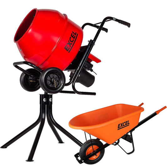 Excel 134L Portable Cement Mixer 240V/370W with Wheels & 120L Wheelbarrow Orange HDPE Tray