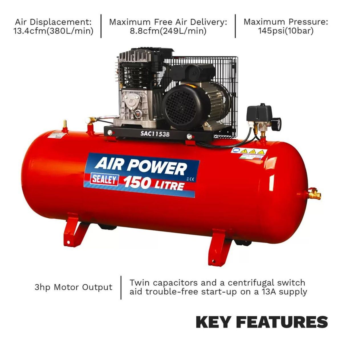 Sealey SAC1153B 150L Belt Drive Compressor with Motor & Cast Cylinders 230V