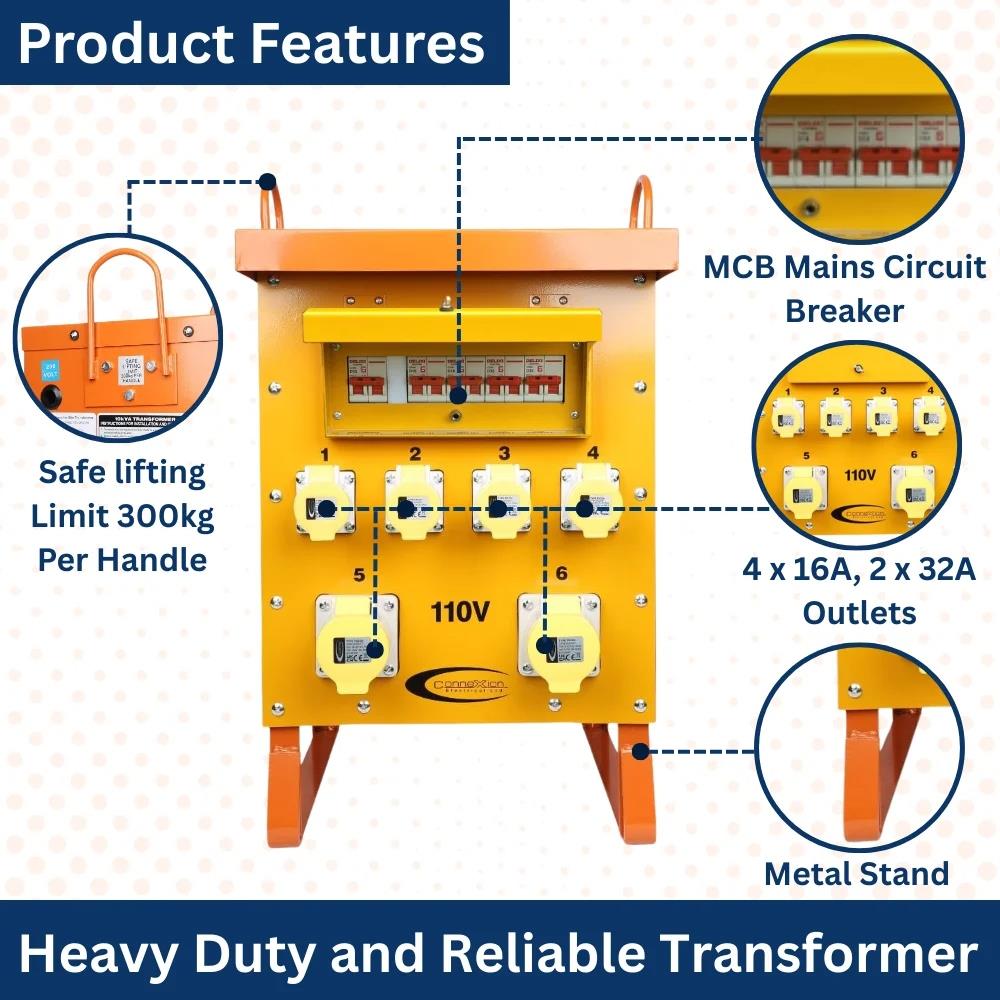Connexion 10kVA Site Transformer 110V Single Phase with 4 x 16A, 2 x 32A Outlets IP44 Rated - 10963