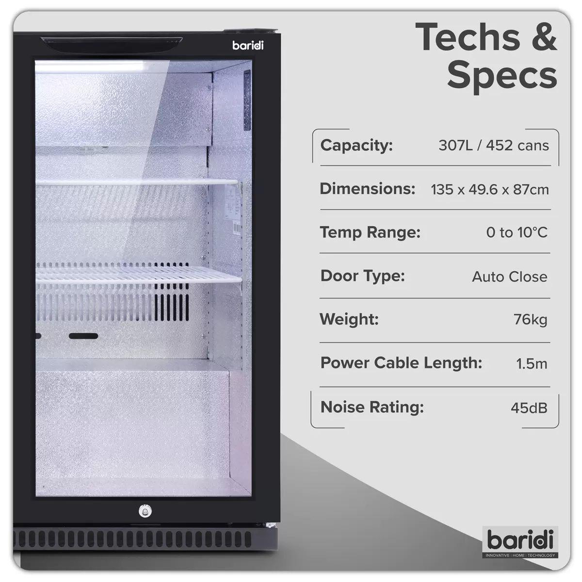 Sealey DH336 Baridi Back Bar Drinks Fridge/Cooler with Triple Hinged Door & Security Lock 307L Black 240V