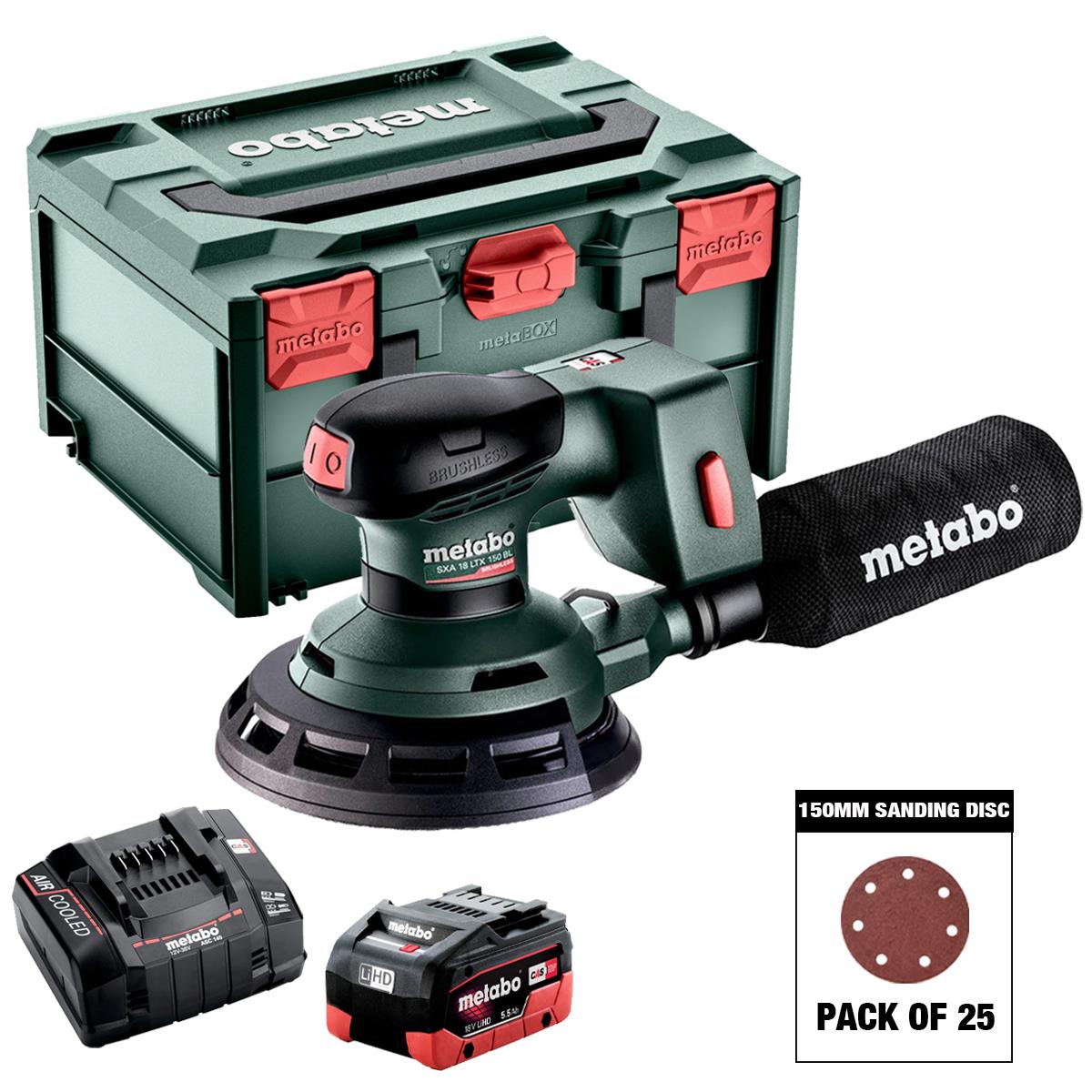 Metabo SXA 18 LTX 150 BL 18V Brushless 150mm Random Orbital Sander with Sanding Disc Mix Grit Pack of 25 & 1 x 5.5Ah Battery, Charger & Case