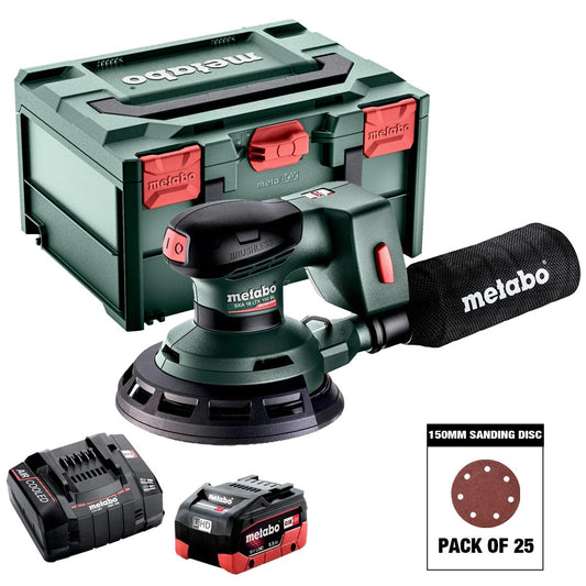 Metabo SXA 18 LTX 150 BL 18V Brushless 150mm Random Orbital Sander with Sanding Disc Mix Grit Pack of 25 & 1 x 5.5Ah Battery, Charger & Case