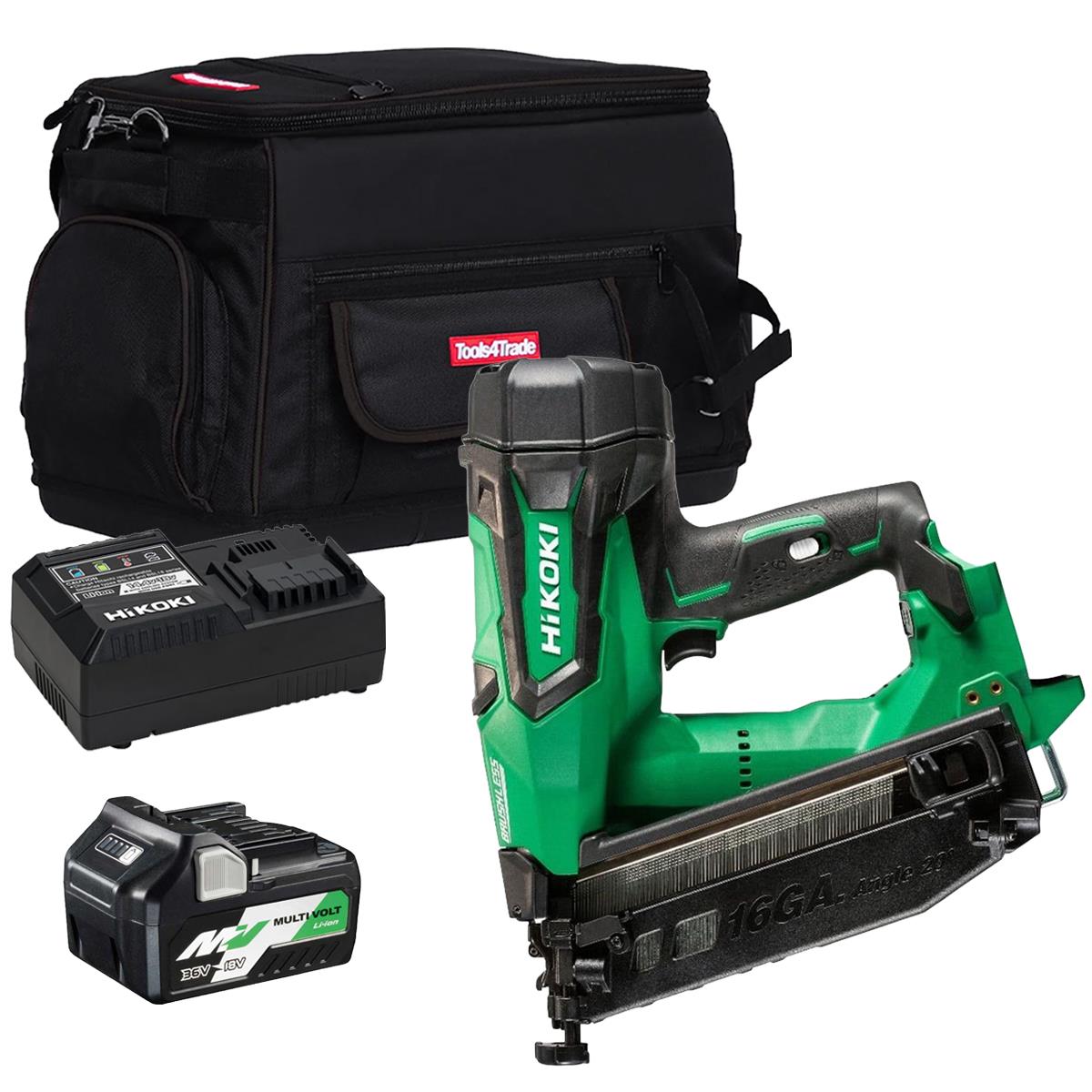 Hikoki NT1865DMBJ4Z 18V Brushless 16G Second Fix Angled Finish Nailer with 1 x 2.5Ah/5.0Ah Battery Charger & Bag