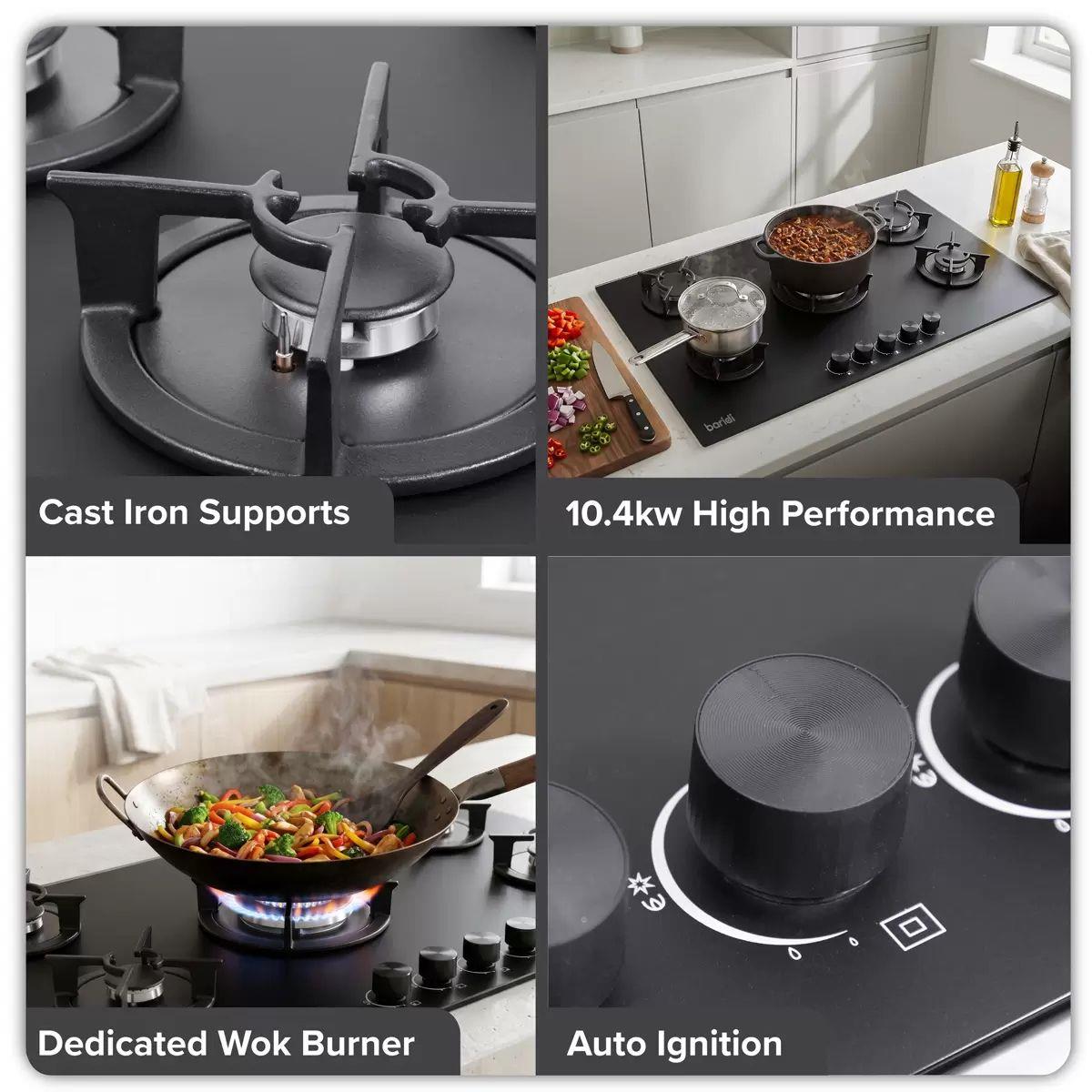 Sealey DH385 Baridi 90cm Gas Hob Matt Black 5 Burners Cast Iron Supports & Auto Ignition 10.4kW/230V