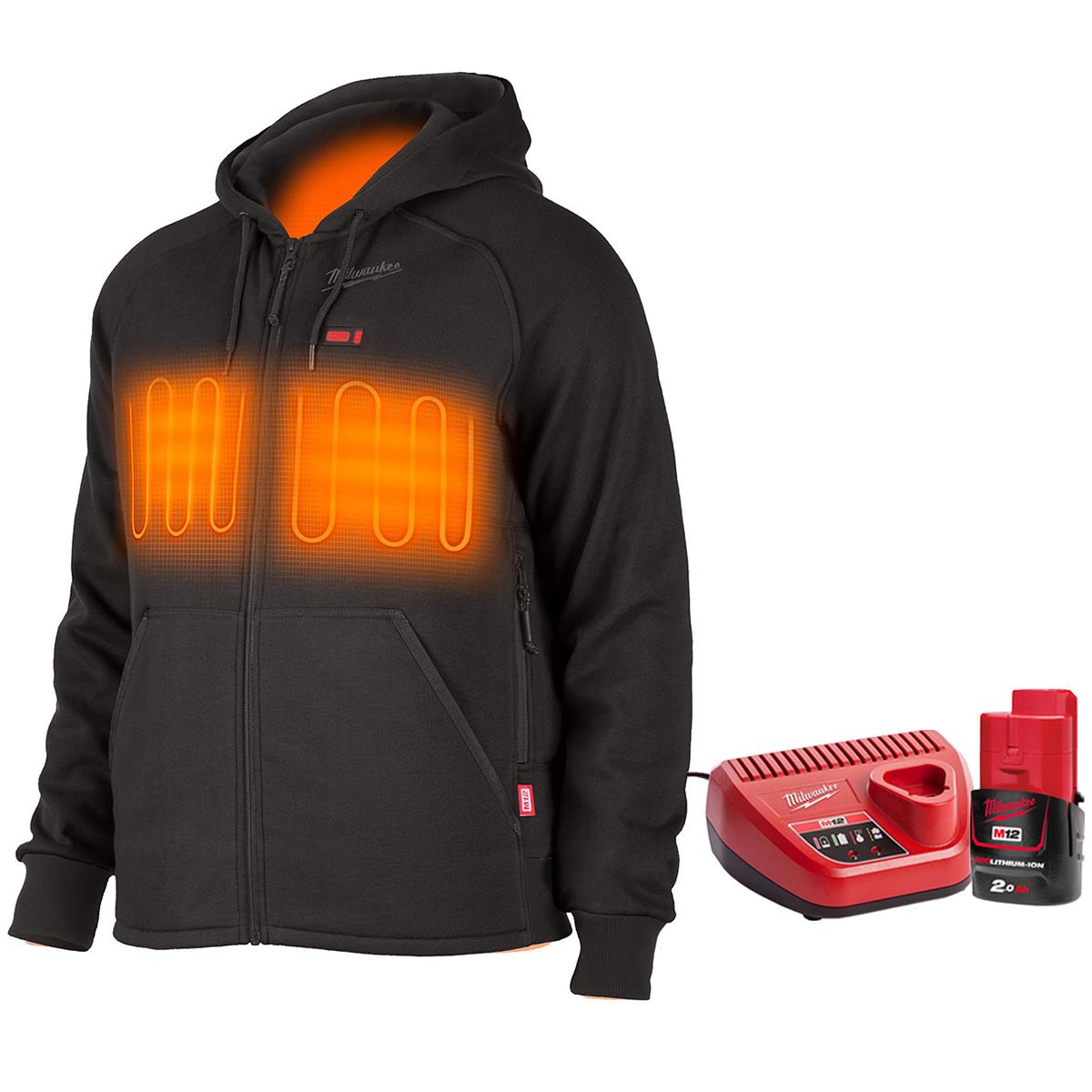 Milwaukee M12 12V Black Heated Hoodie Small with 1 x 2.0Ah Battery & Charger