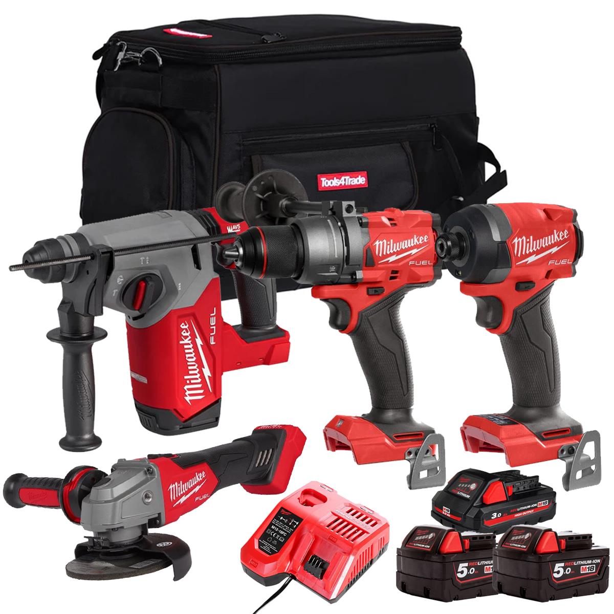 Milwaukee M18FPP24Z-503B 18V Brushless 4 Piece Power Tool Kit With 3 x Batteries Charger & Bag
