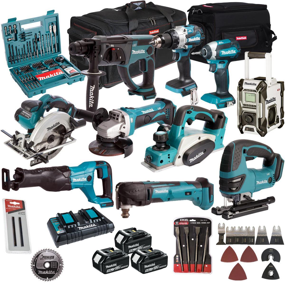 Makita 18V 10 Piece Combo Kit with 3 x 5.0Ah Battery Charger & Accessories Set T4TKIT-17227