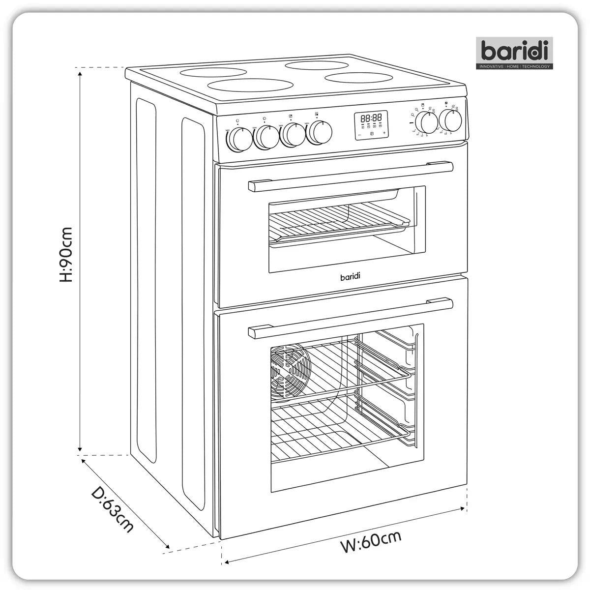 Sealey DH429 Baridi 60cm Freestanding Cooker with 99L Double Cavity & Ceramic Hob Black 240V