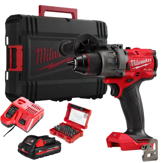 Milwaukee M18FPD3-0X 18V Fuel Brushless Combi Drill with 1 x 3.0Ah Battery Charger & Shockwave Bit Set