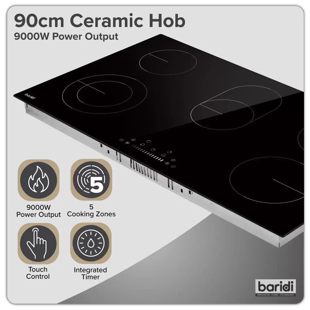 Sealey DH389 Baridi Integrated Ceramic Hob with 5 Cooking Zones 90cm Black Glass