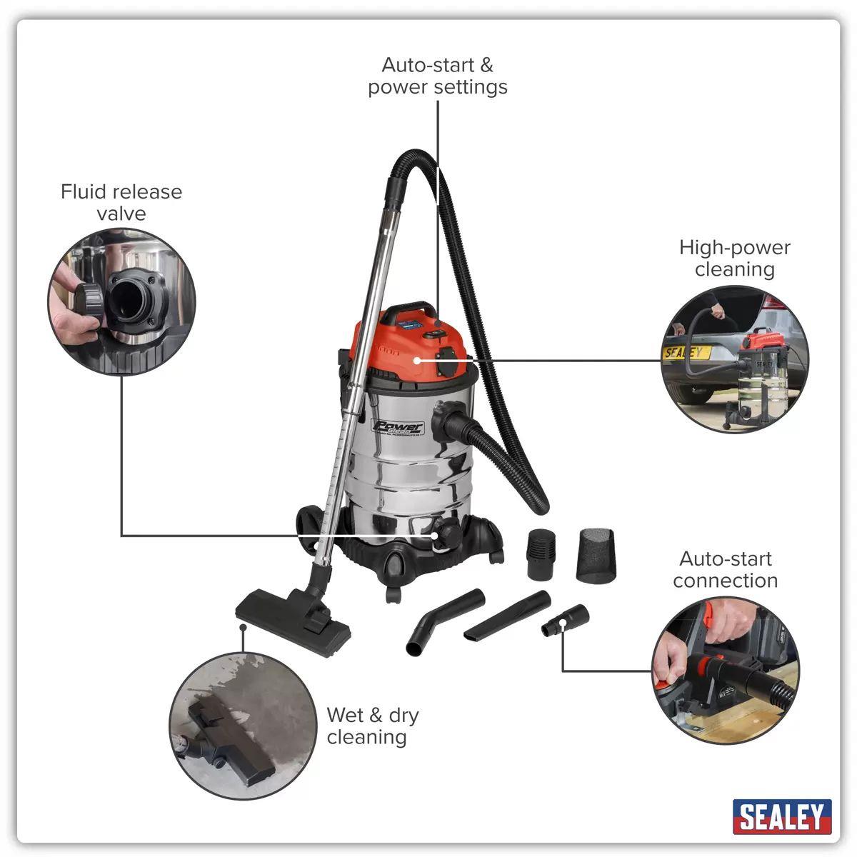 Sealey PC300SDAUTO Vacuum Cleaner Industrial 30ltr Stainless 230V/1400W