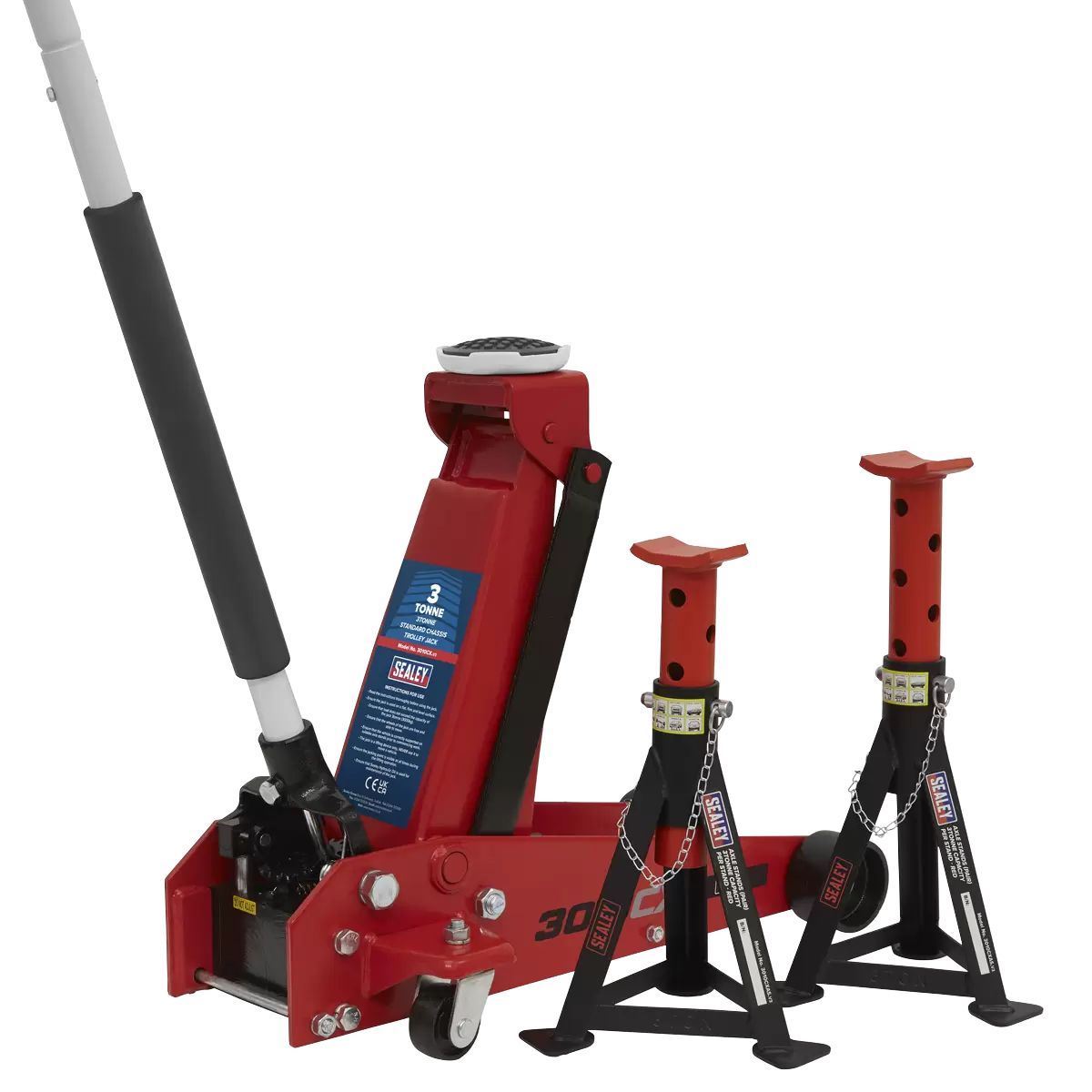 Sealey 3010CX Trolley Jack 3 tonne Standard Chassis Axle Stand Set Car Garage