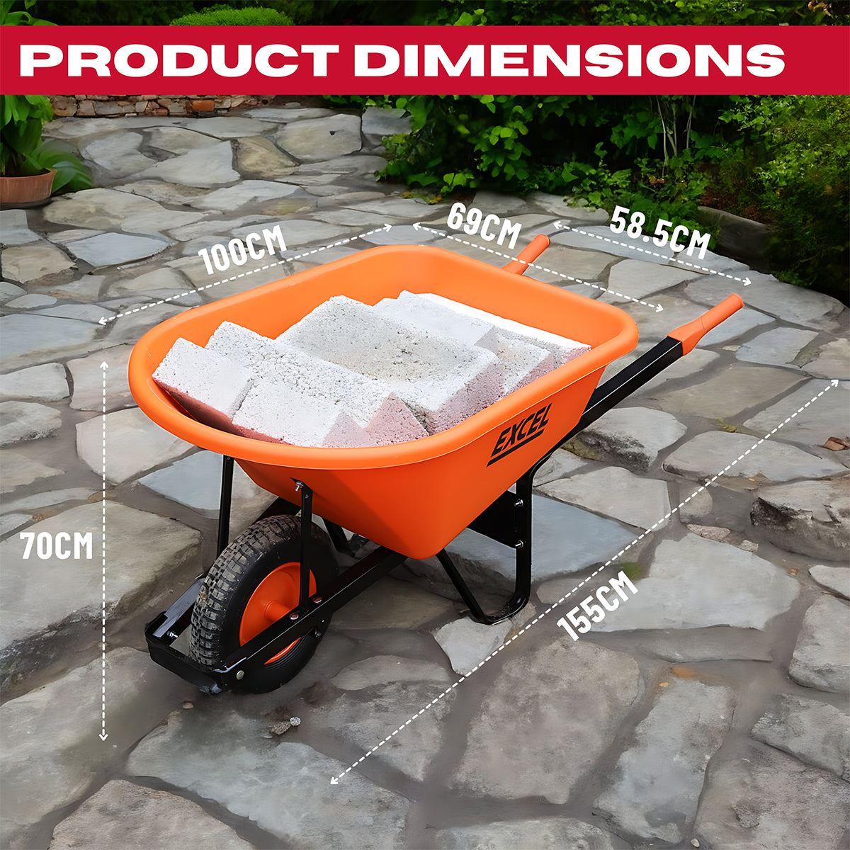 Excel Heavy Duty Orange Wheelbarrow with 120L HDPE Tray