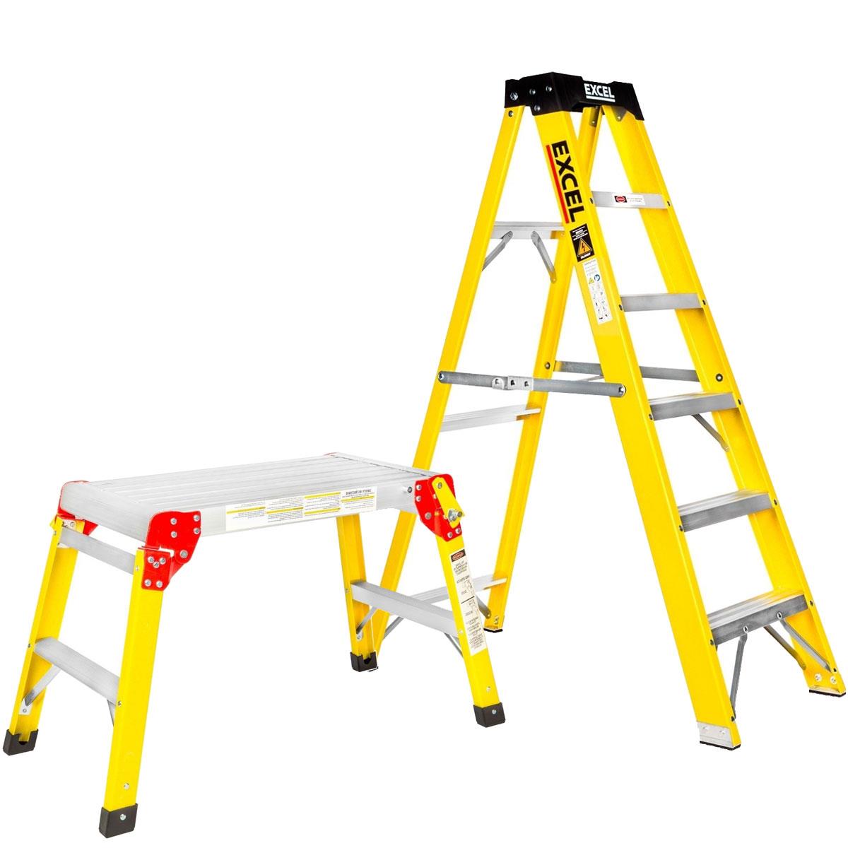 Excel Heavy Duty Fiberglass 6 Tread Ladder with Folding Hop Up