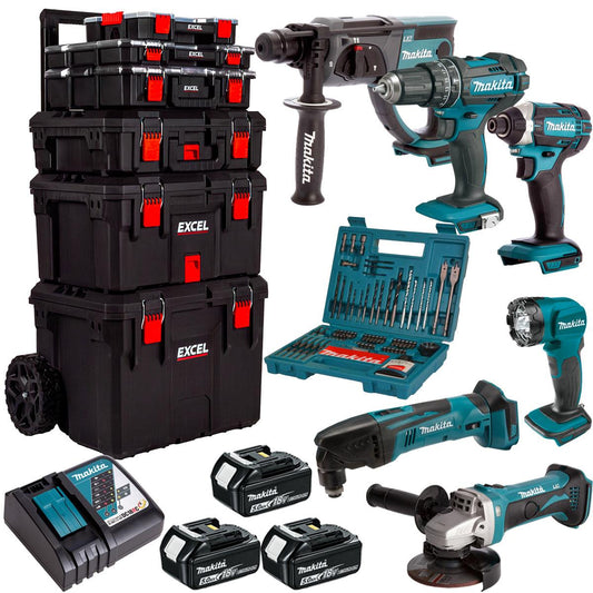 Makita 18V 6 Piece Power Tool Kit with 3 x 5.0Ah Batteries & 100 Accessory Set & Trolley Toolbox