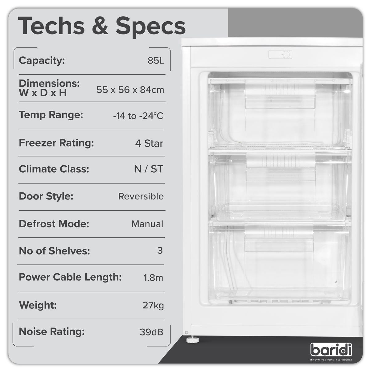 Sealey DH250 Baridi 55cm Undercounter Freezer with Adjustable Thermostat 85L White