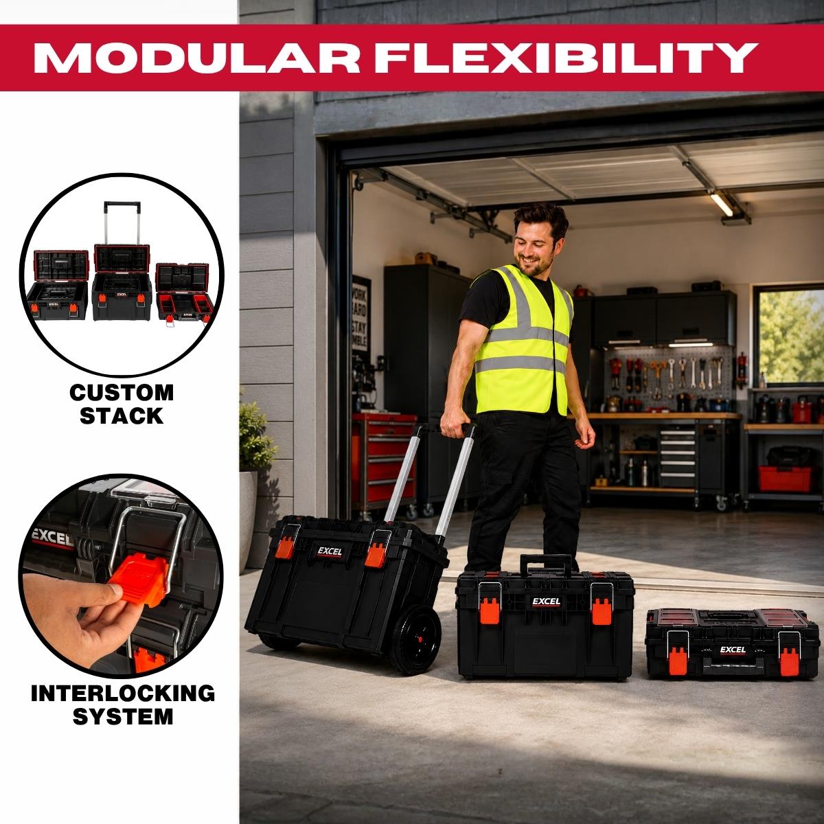 Excel Modular Tool Box Heavy Duty Mobile Storage 3 Piece Set with Wheels