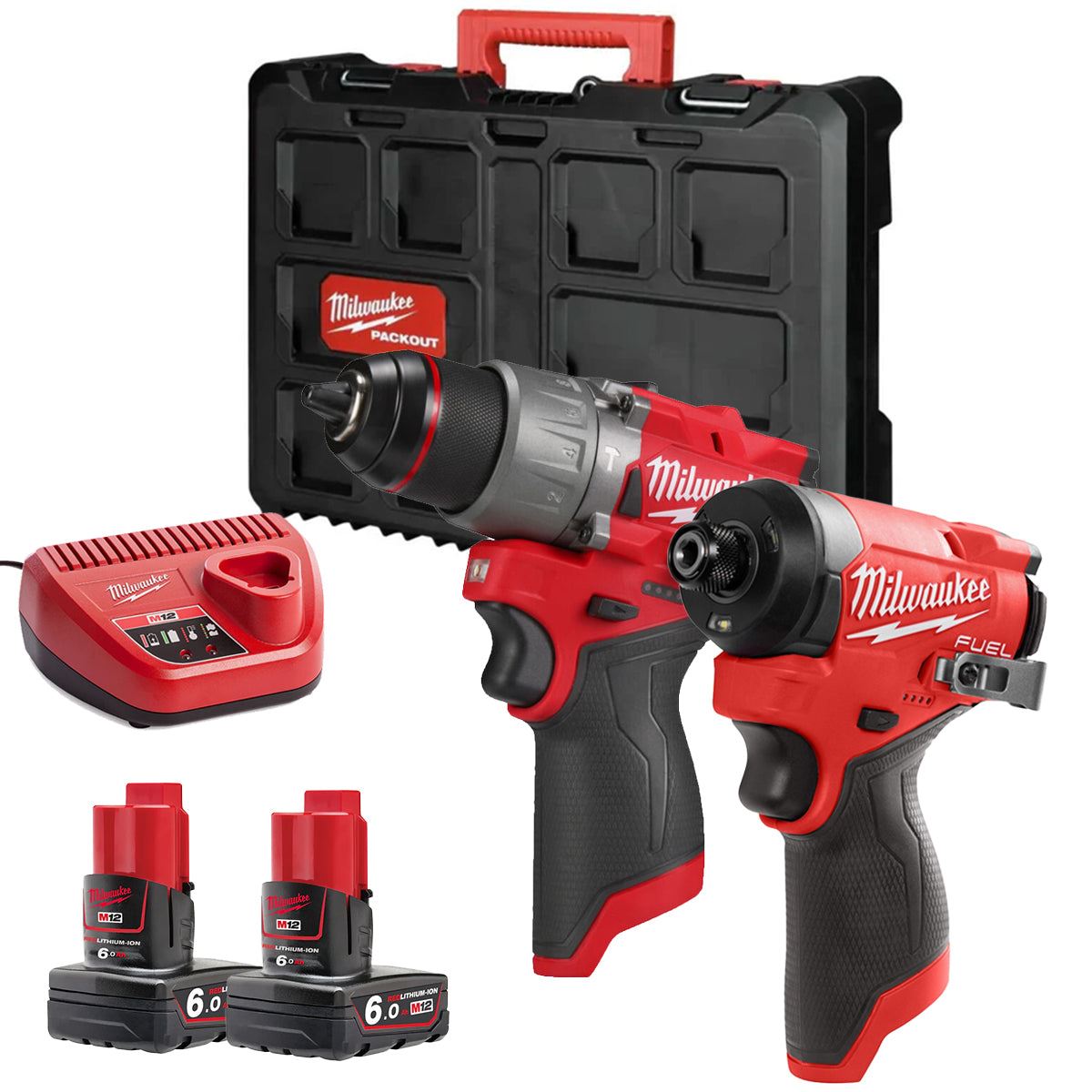 Milwaukee M12FPP2A2-602X 12V Fuel Brushless Combi Drill & Impact Driver with 2 x 6.0Ah Batteries Charger & Empty Tool Box (Without Inlay)