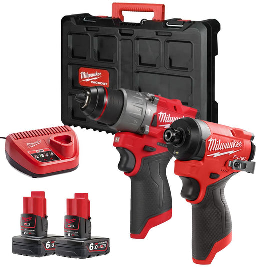 Milwaukee M12FPP2A2-602X 12V Fuel Brushless Combi Drill & Impact Driver with 2 x 6.0Ah Batteries Charger & Empty Tool Box (Without Inlay)