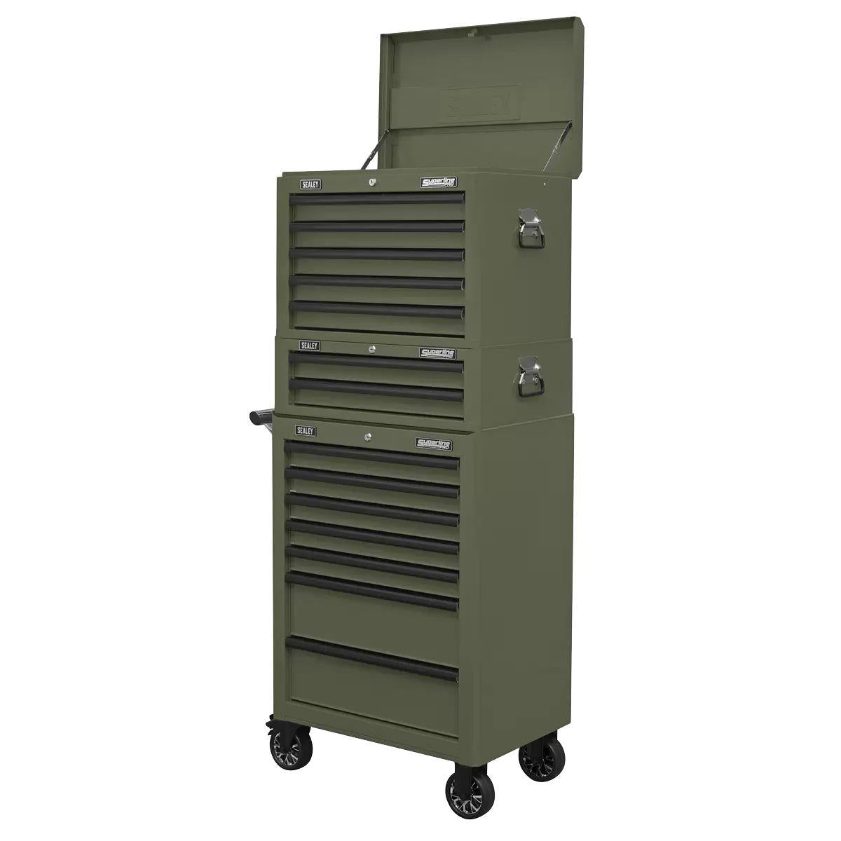 Sealey APSTACKTK Superline PRO Topchest, Mid-Box Tool Chest & Rollcab Combination 14 Drawer Khaki