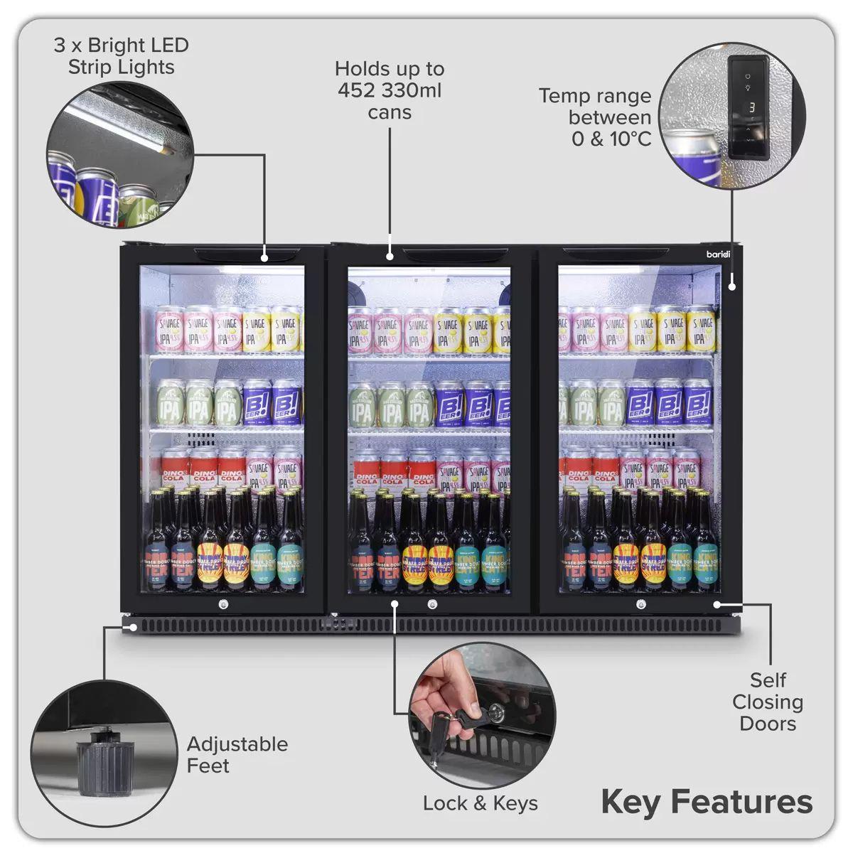 Sealey DH336 Baridi Back Bar Drinks Fridge/Cooler with Triple Hinged Door & Security Lock 307L Black 240V