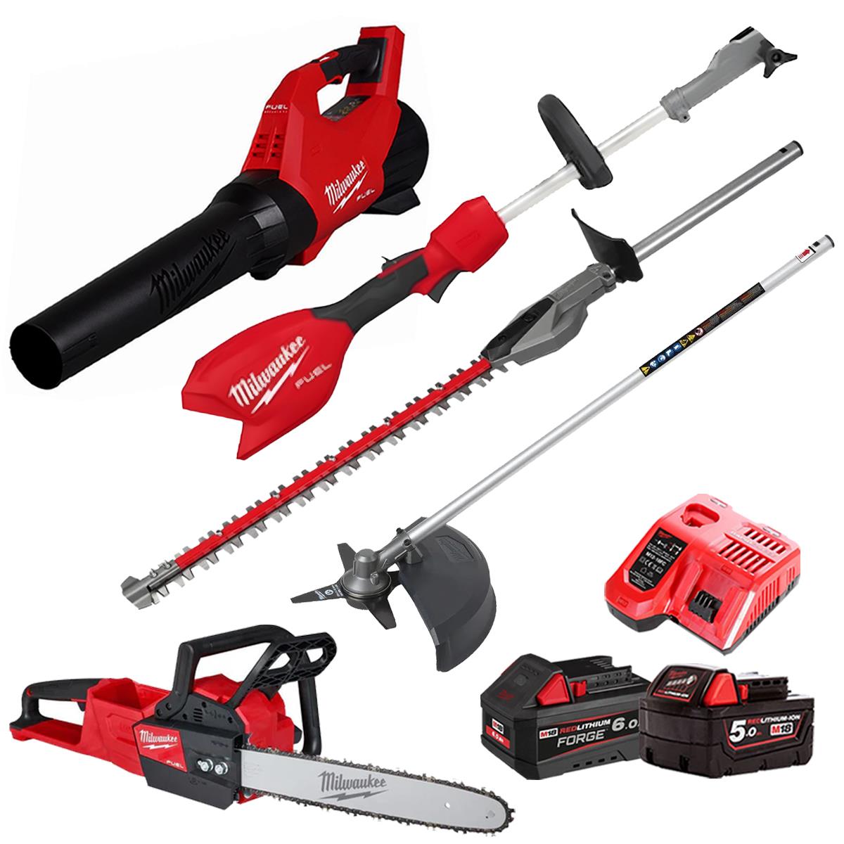 Milwaukee M18 18V 3 Piece Gardening Tool Kit with Hedge Trimmer & Brush Cutter Attachment 2 x Batteries & Charger T4TKIT-29520
