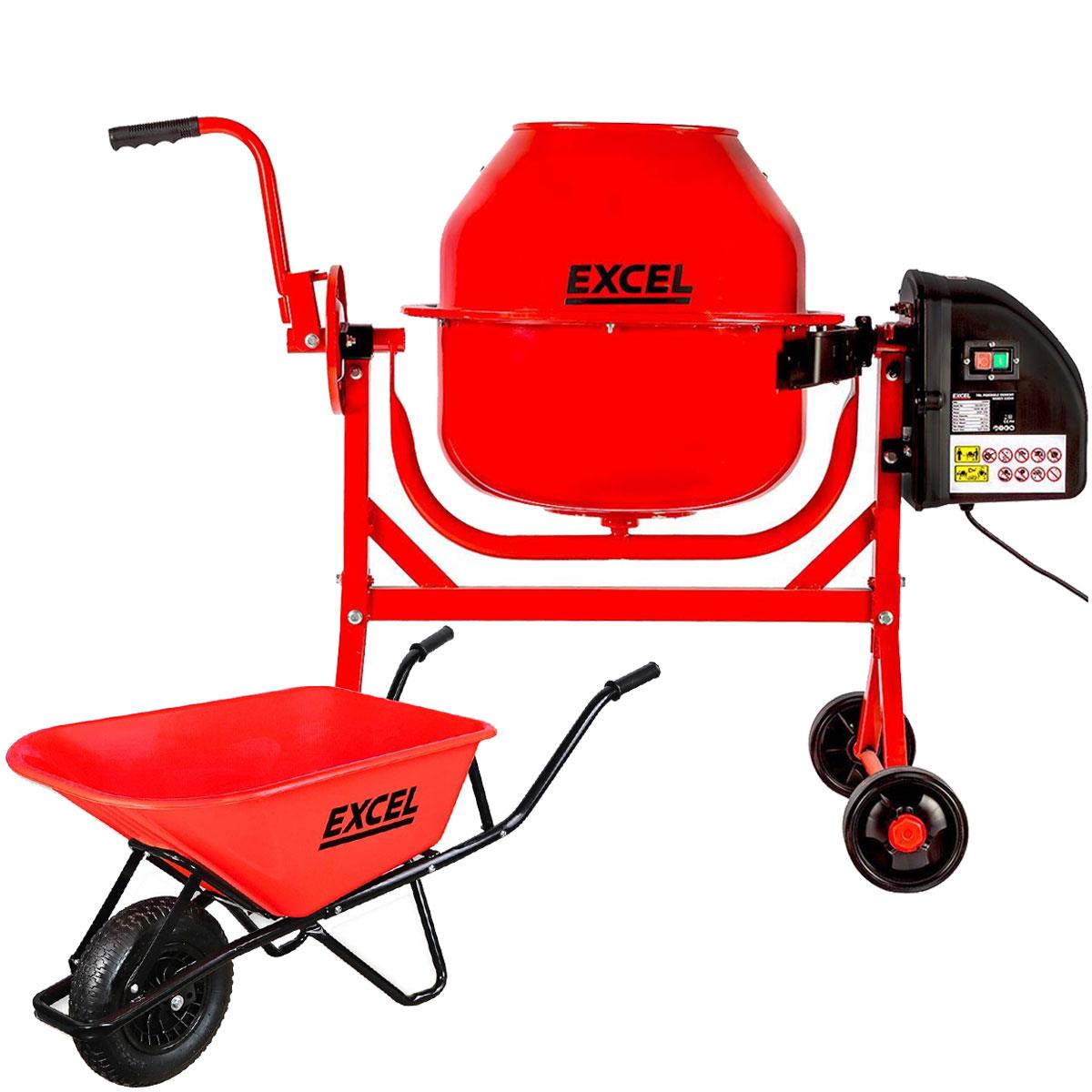 Excel 70L Portable Cement Concrete Mixer 240V/220W with Wheels & 100L Wheelbarrow Red HDPE Tray