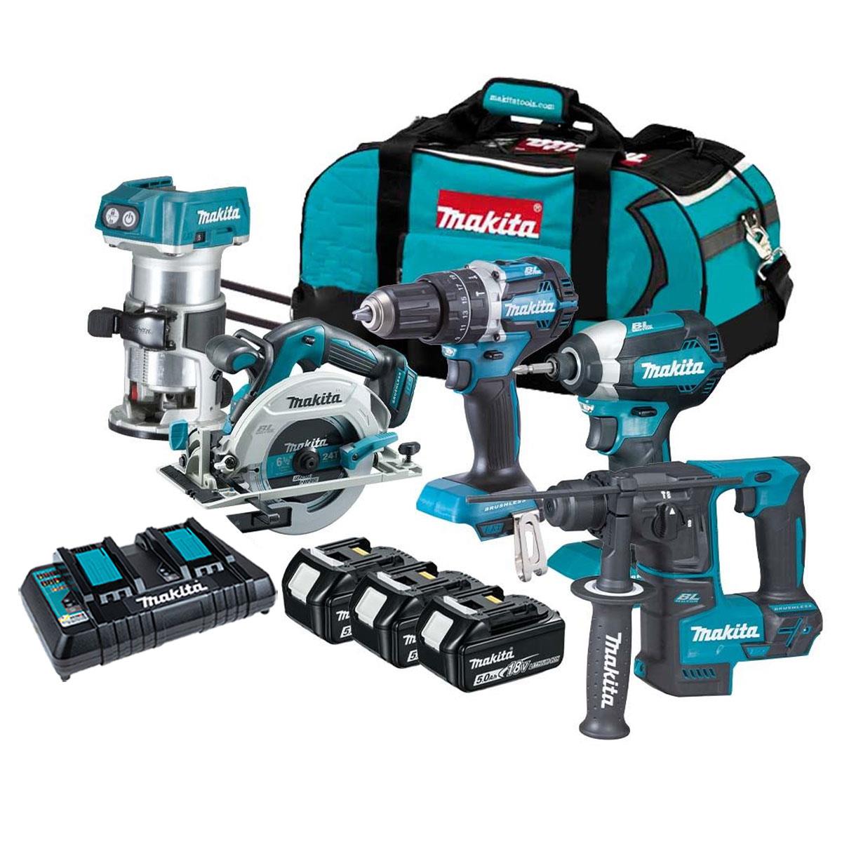 Makita 18V 5 Piece Brushless Power Tool Kit with 3 x 5.0Ah Battery Charger & Wheeled Tool Bag T4TKIT-4244