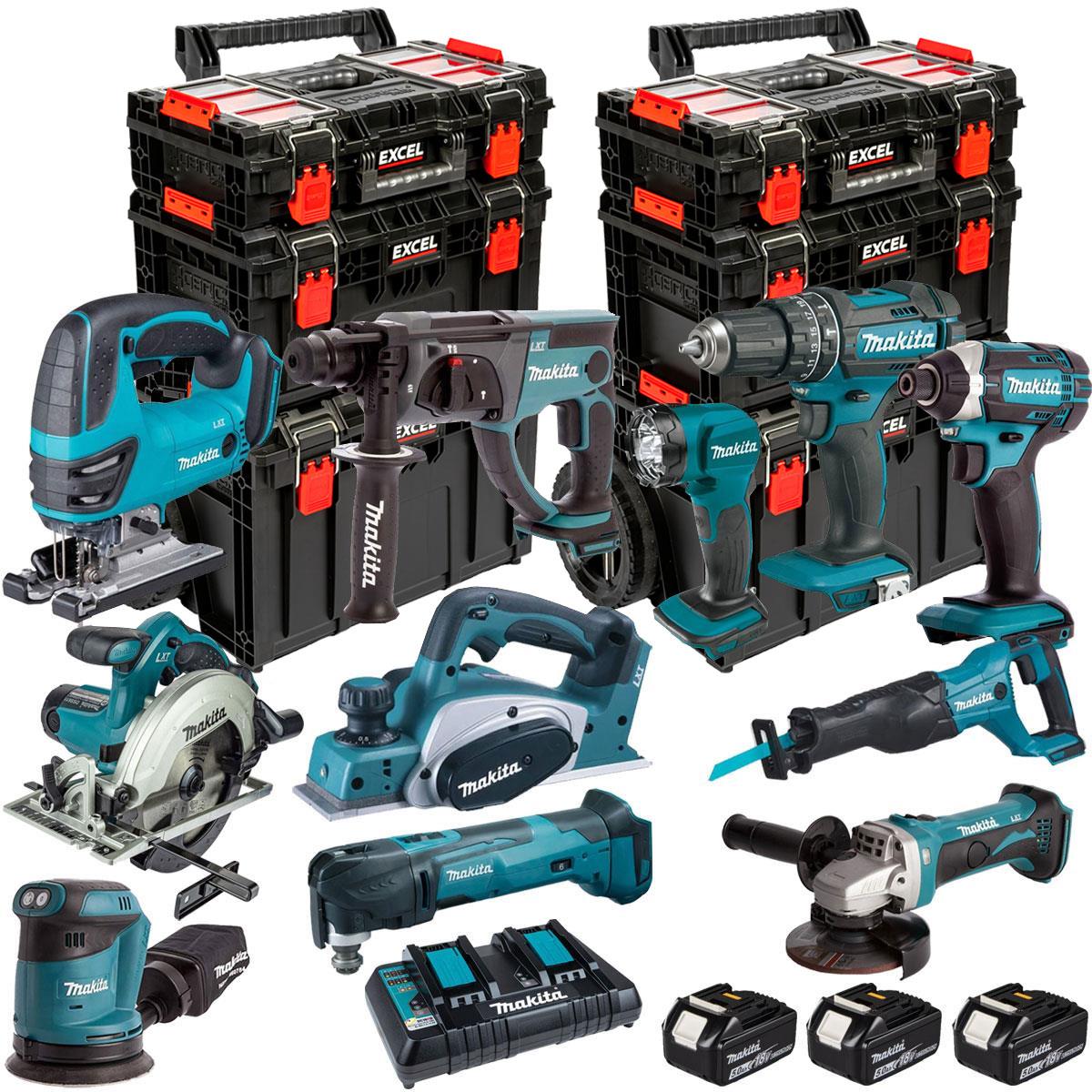 Makita 18V 11 Piece Power Tool Kit with 3 x 5.0Ah Battery, Charger & Modular Tool Box 3 Piece Set