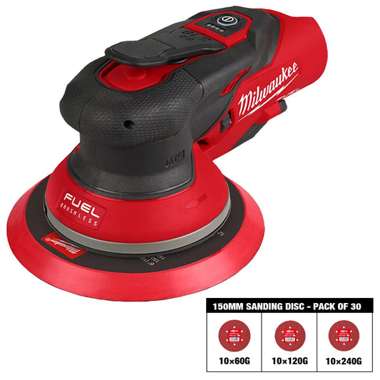 Milwaukee M12FROS5-0 12V FUEL Brushless 150mm Random Orbit Sander with Sanding Disc 60G, 120G, 240G Pack of 30