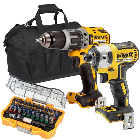 Dewalt 18V Cordless Brushless Impact Driver & Combi Drill Twin Pack with 32 Piece Screwdriver Bit Set in Bag