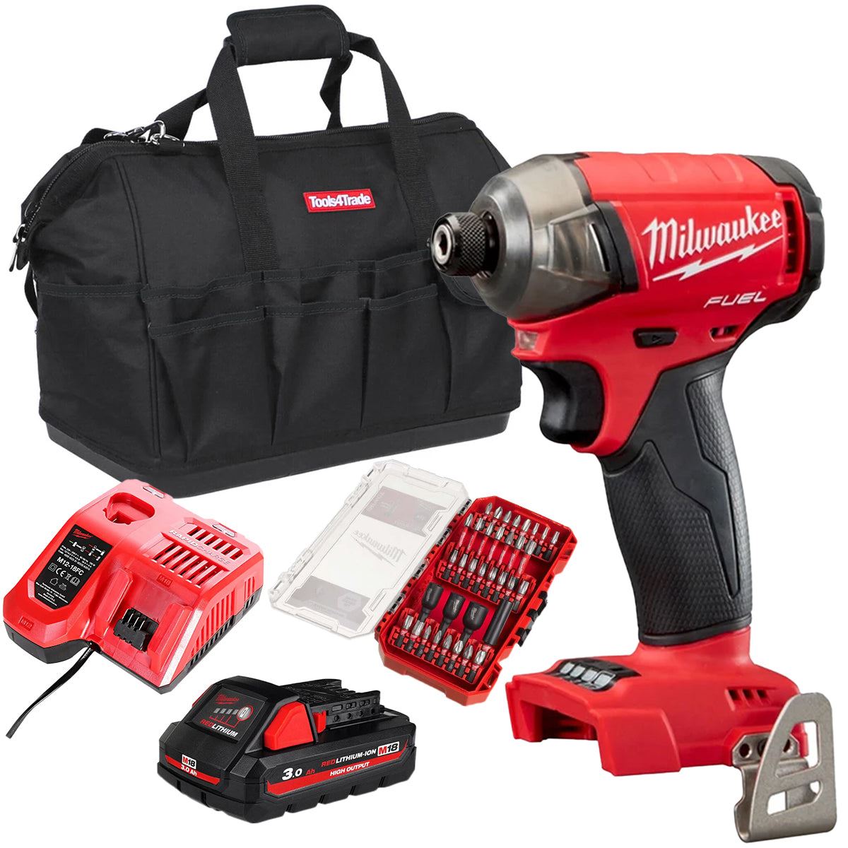 Milwaukee M18FQID-0 18V Fuel Surge Impact Driver with 1 x 3.0Ah Battery Charger Bag & 35 piece Shockwave Bit Set