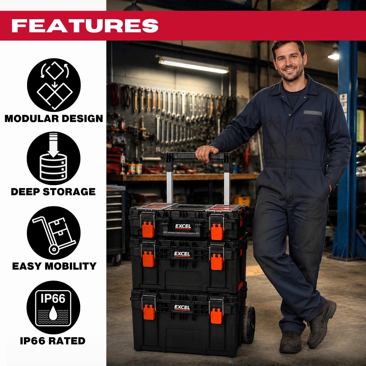 Excel Modular Tool Box Heavy Duty Mobile Storage 3 Piece Set with Wheels