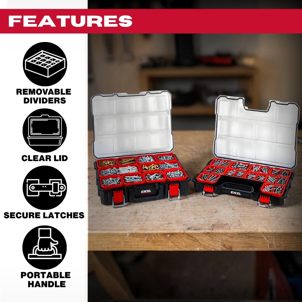 Excel 2-in-1 Tool Organiser Case, Portable Storage with Custom Dividers & Clear Lid