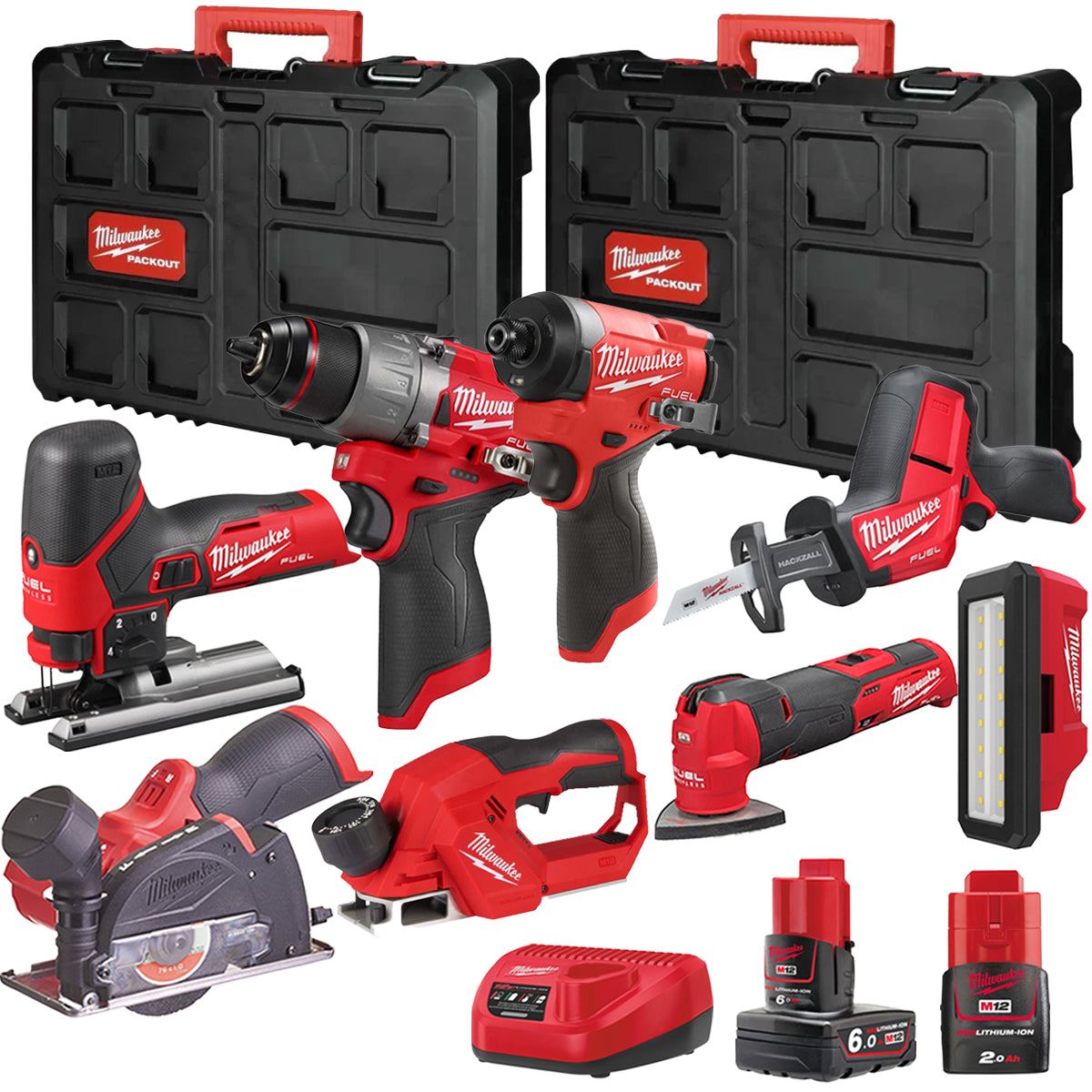 Milwaukee M12FPP7B2-641P 12V Fuel 8 Piece Powerpack Tool Kit with 1 x 6.0Ah & 2.0Ah Batteries, Charger & Case